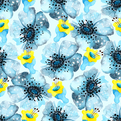 watercolor seamless pattern flowers blue 
