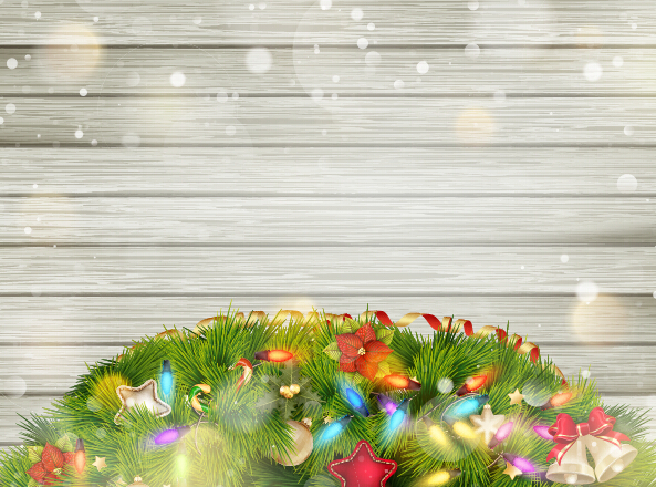 Halation christmas wood background with baubles vector