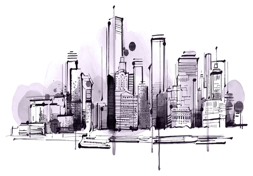 Hand drawn city outline vector set 01
