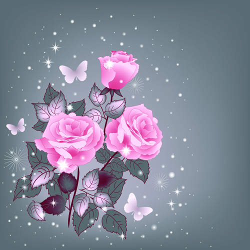 Beautiful pink roses with vintage background vector 02