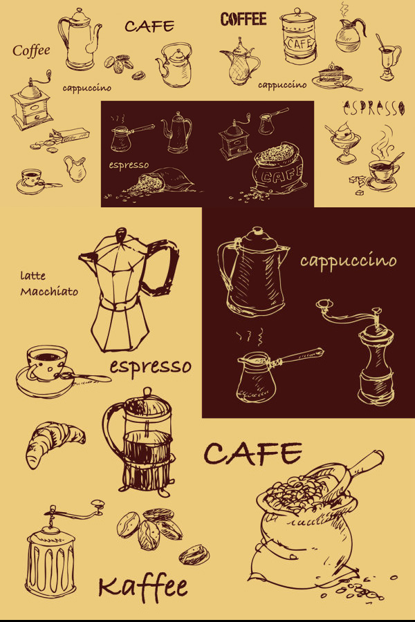 sketch Line Drawing kaffee hand painted coffee machine coffee beans coffee  