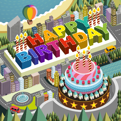 Modern city with birthday background vector