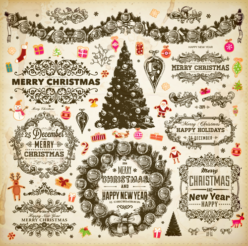Vintage christmas frame and ornaments vector