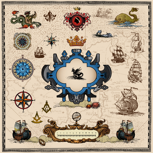 voyage elements with maps vector 03 Ancient voyage elements with maps vector 03
