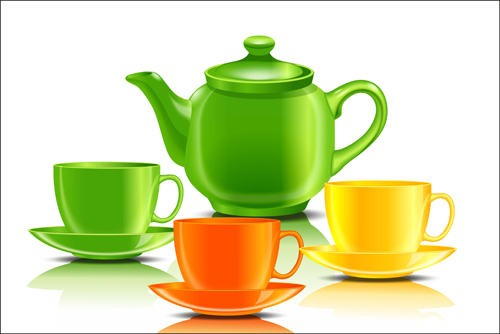 Colored teacup and teapot vector
