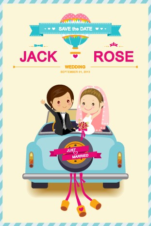 Cute cartoon style wedding invitation card vector 01