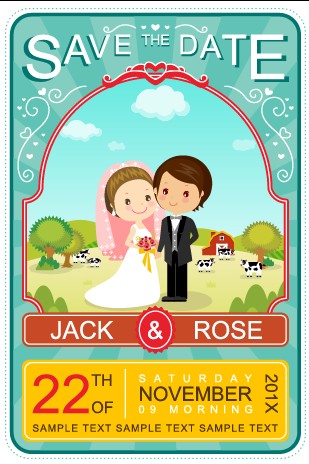 Cute cartoon style wedding invitation card vector 02