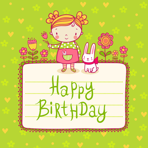 Cute child with rabbit birthday card vector