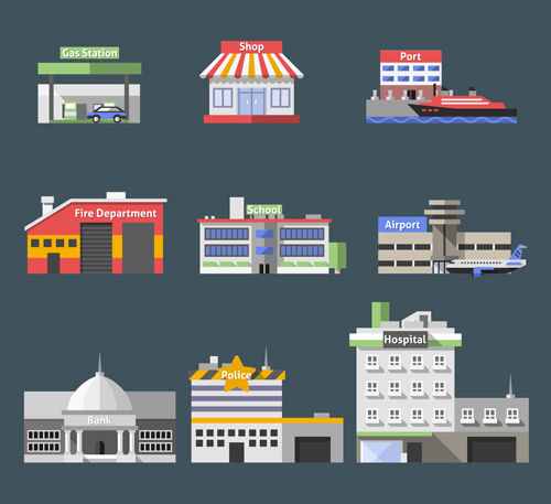 Flat style buildings template vector material 03