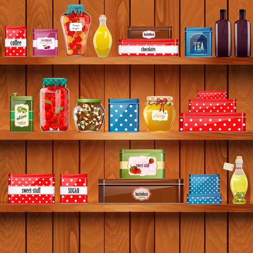 ith food creative graphics vector 05 Wooden shelf with food creative graphics vector 05