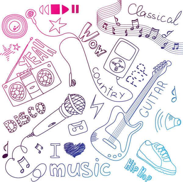 Hand painted music elements vector