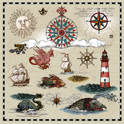 voyage elements with maps vector 01 Ancient voyage elements with maps vector 01
