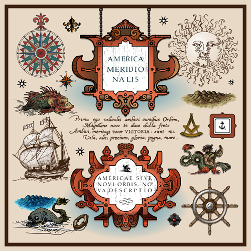 voyage elements with maps vector 05 Ancient voyage elements with maps vector 05
