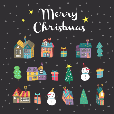 Cartoon christmas houses with night sky background