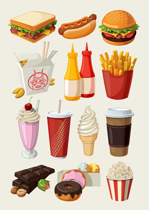 Fast food and chocolate with ice cream icons vector