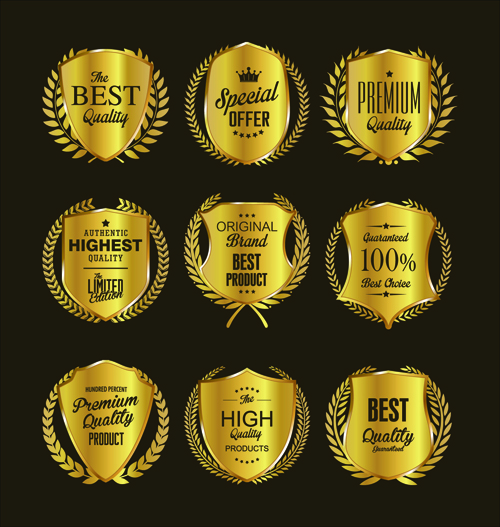 Golden badge with laurel wreaths vector material 02