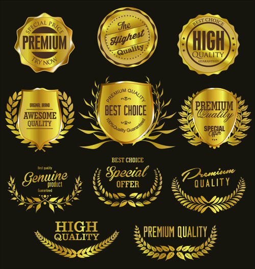 Golden badge with laurel wreaths vector material 04