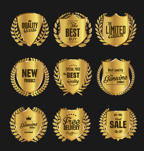 Golden badge with laurel wreaths vector material 05