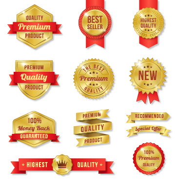 Golden premium quality labels with red ribbon vector 01