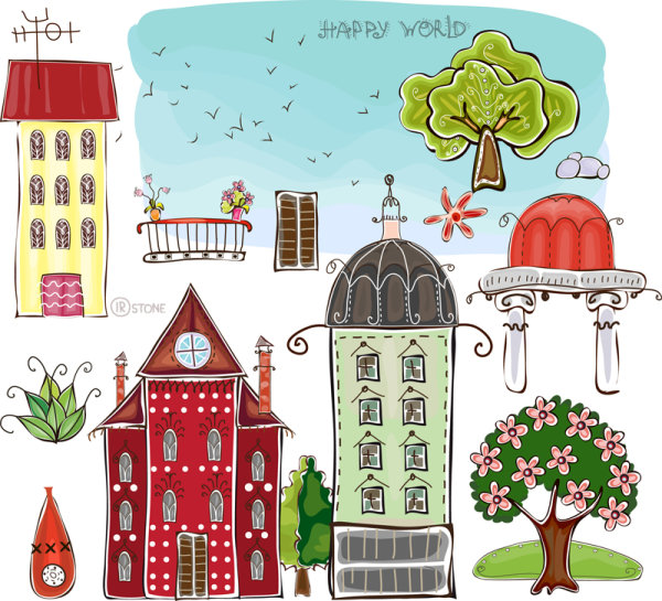 Set of cartoon City elements vector 01
