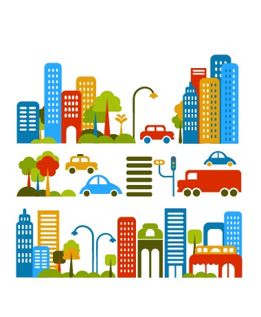 Cartoon town buildings design vector graphics 01