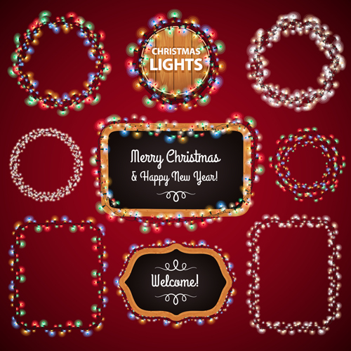 Colored lights christmas frames vector set 03
