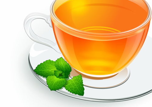 Shiny cup and green leaves vector background 02