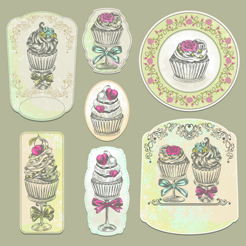 Vintage cupcakes labels creative vector 02