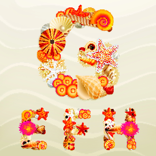 Sea elements Alphabet vector set 04