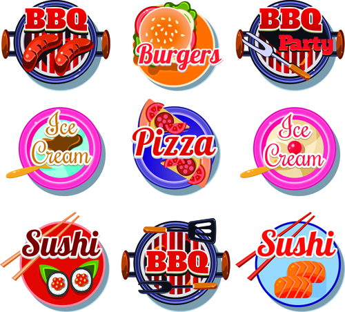 BBq pizza with ice cream and sushi burgers vector labels