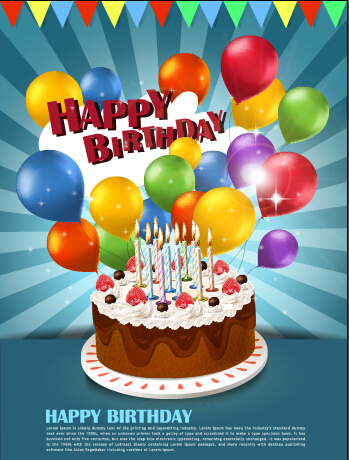 Cake and colorful balloons birthday background