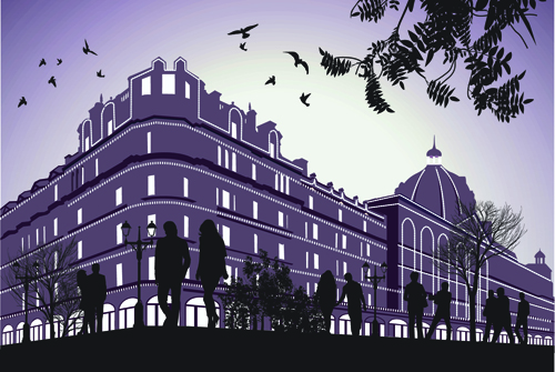 Romantic of City with People Silhouettes vector 04