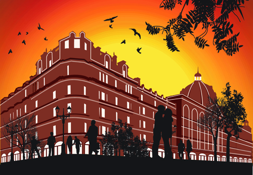 Romantic of City with People Silhouettes vector 05