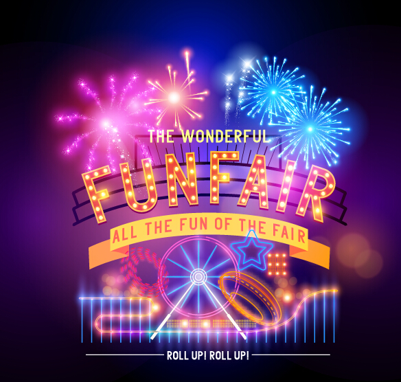 Shiny funfair poster with fireworks vector