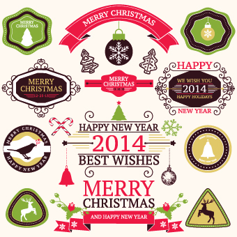 2014 Christmas lables ribbon and baubles ornaments vector 01