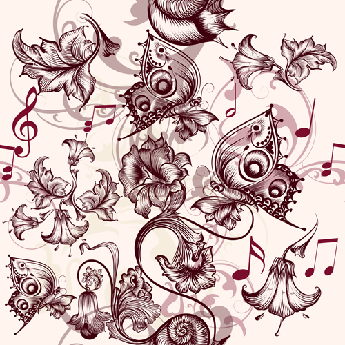 Beautiful seamless floral pattern with butterflies and music note vector Beautiful seamless floral pattern with butterflies and music note vector