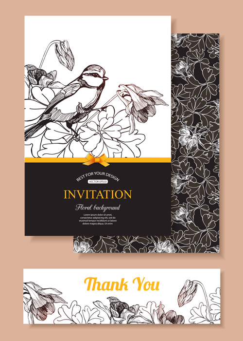 Hand drawn retro flower with bird wedding invitations vector 01