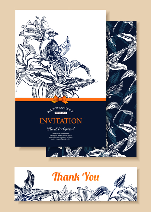 Hand drawn retro flower with bird wedding invitations vector 03