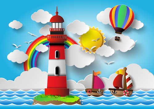 Sailing boat with marine cartoon vectors 01