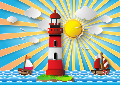 Sailing boat with marine cartoon vectors 02