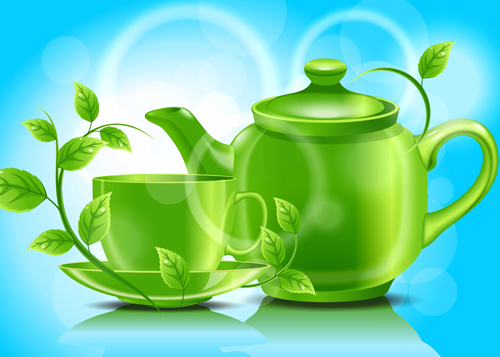 Teacup teapot and green leaves background vector 01