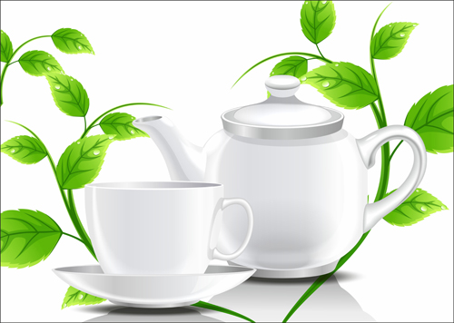 teapot teacup leaves background green leaves green background 