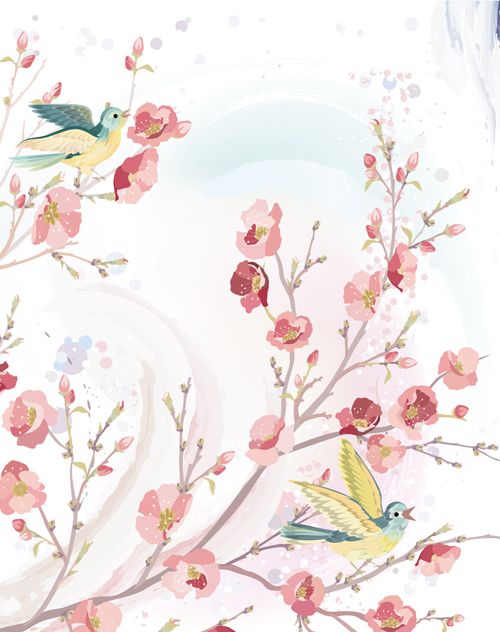 watercolor vector material material flowers birds 