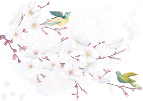 Watercolor flowers and birds vector material 02