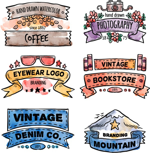 Watercolor labels hand drawn vector 01