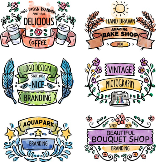 Watercolor labels hand drawn vector 02 Watercolor labels hand drawn vector 02