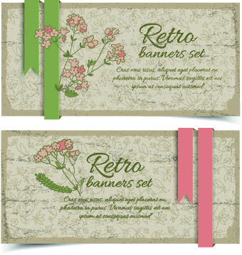 Retro flowers cards vector set 05