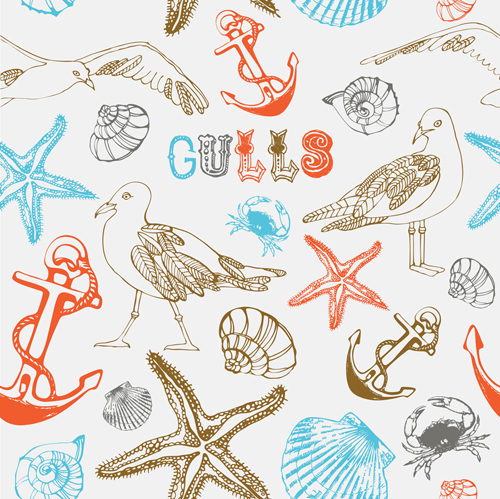 Set of Marine Small animals seamless pattern vector 01
