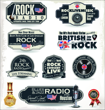 Retro rock music and jazz labels vector 04