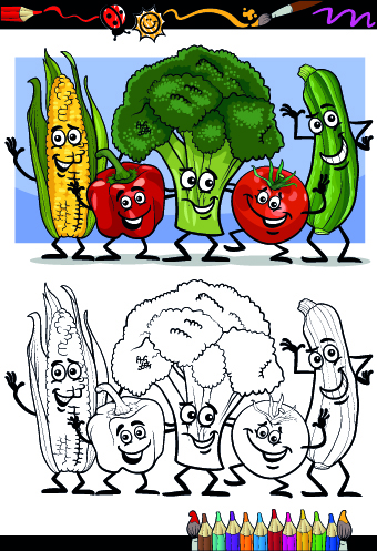 Color with sketch Fruit and vegetables vector 01